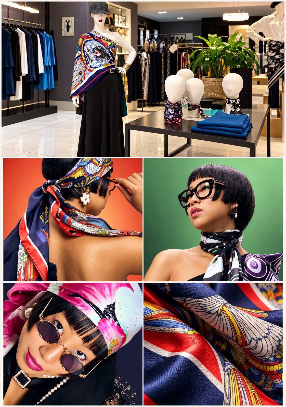 Wilkes and Bowens boutique interior and silk scarf editorial collage