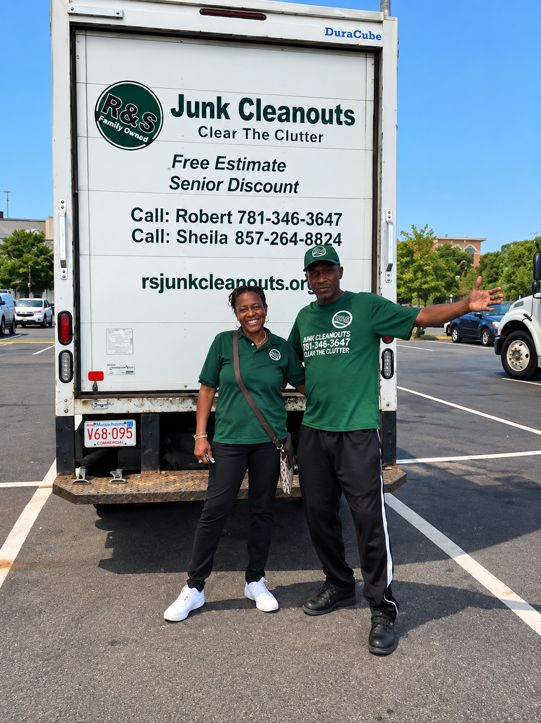 R&S Junk Cleanouts owners Robert and Sheila in front of their official cleanouts truck
