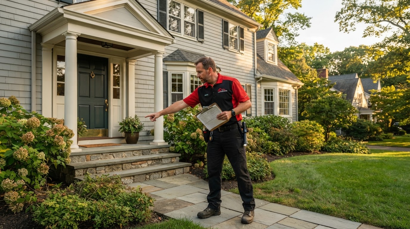 Home inspector examining a Connecticut home exterior