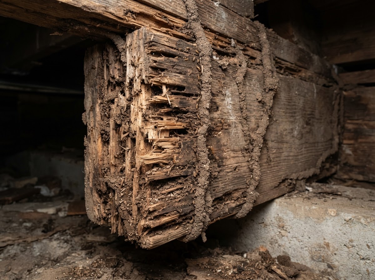 Evidence of termite and wood-destroying insect damage on a wooden beam