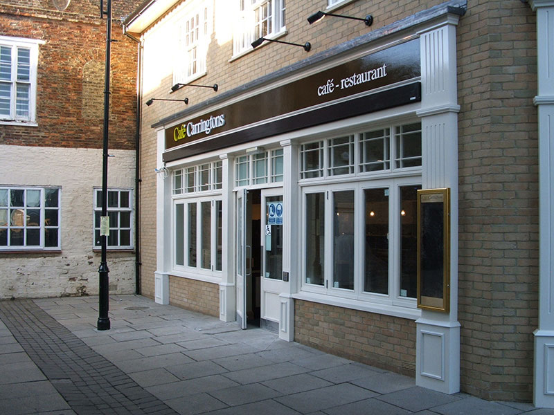 Café Carringtons bespoke timber storefront and architectural fenestration crafted by Salmons Brothers