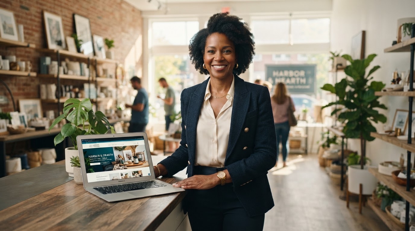 Maryland local business owner with a polished website on her laptop
