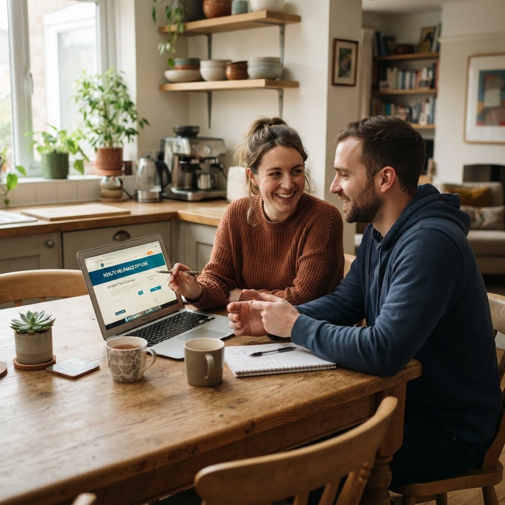 Couple reviewing healthcare and insurance plans together at kitchen table