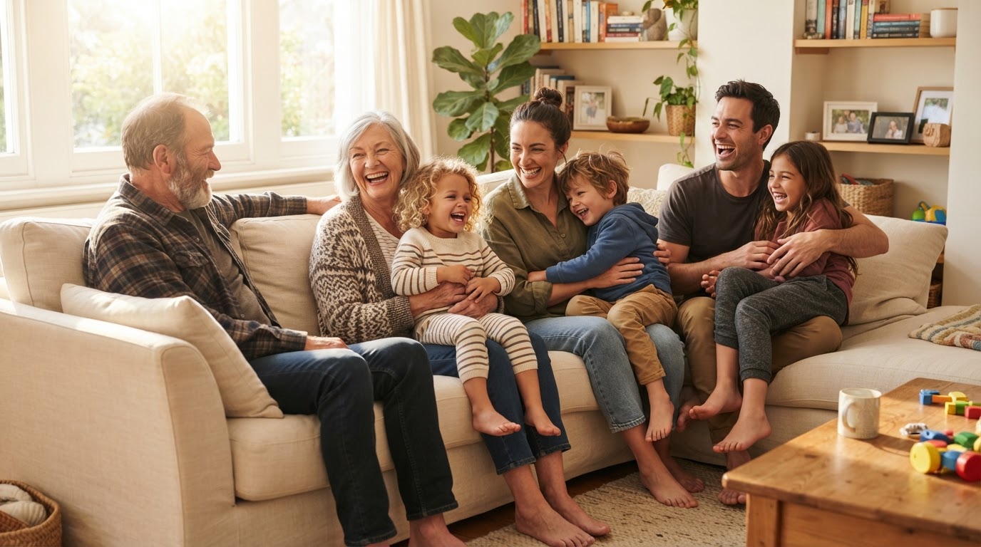 Authentic family smiling and relaxing together at home representing health and life protection