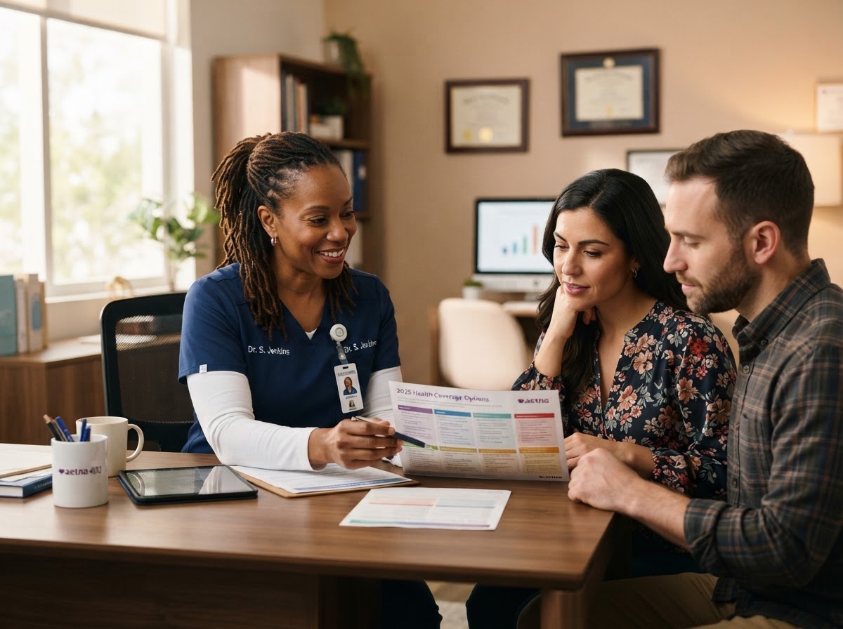 Healthcare professional reviewing health insurance coverage with clients