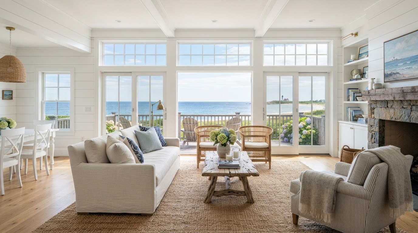 Clean, sunlit coastal living room in a Martha's Vineyard home