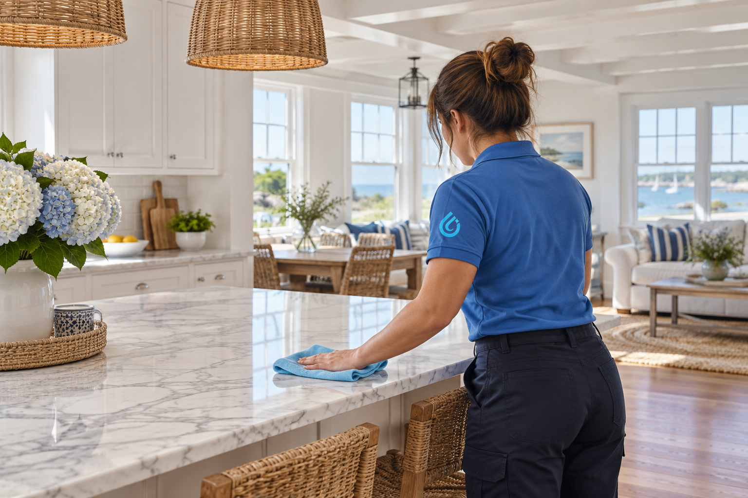 Hand-polishing marble kitchen island in Edgartown, Martha's Vineyard by ICP Cleaning Services