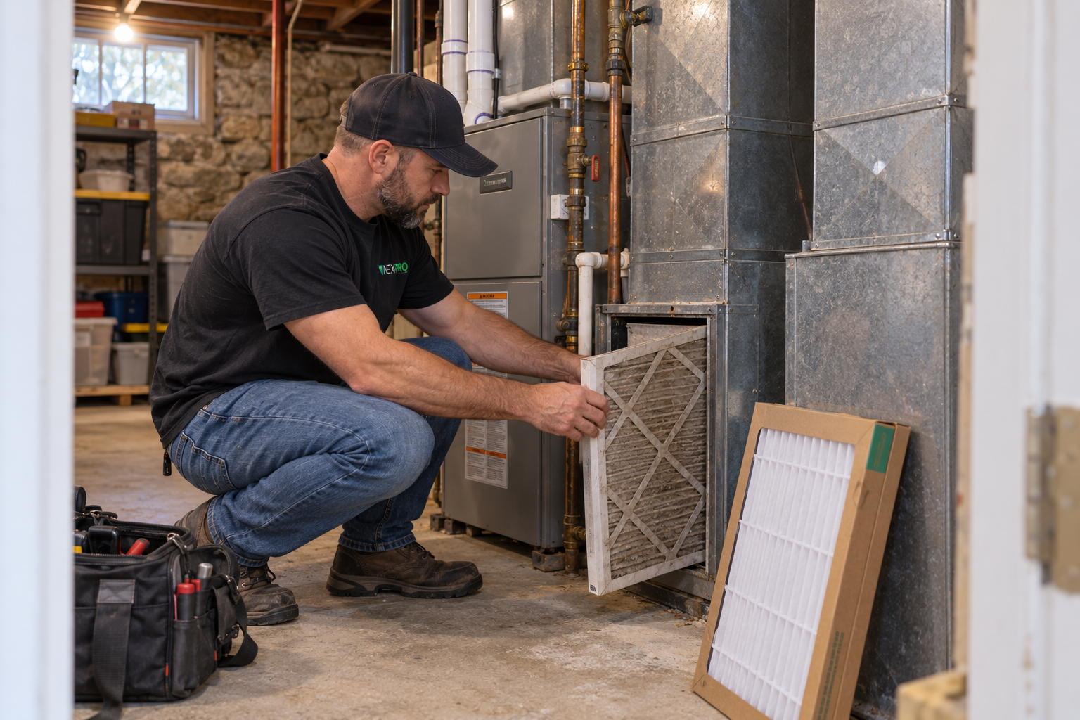 Técnico da NexPro realizando inspeção detalhada e substituição de filtro em sistema de aquecimento / furnace