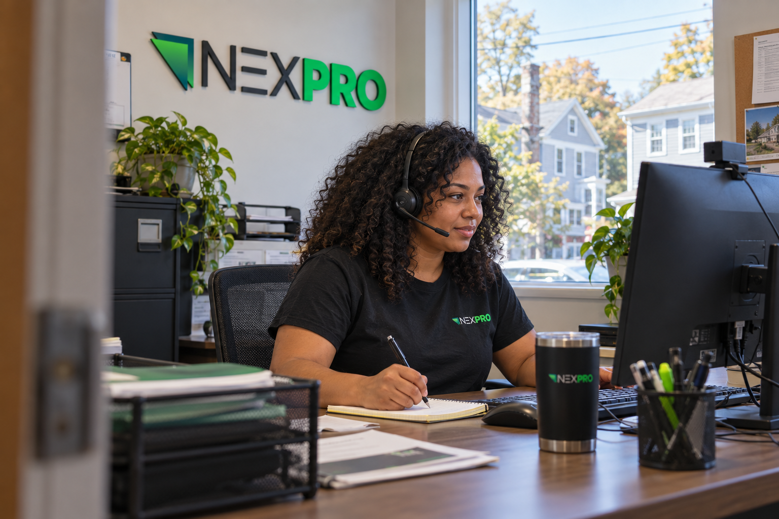 Atendente da central de despacho NexPro HVAC & Plumbing pronta para atender sua chamada