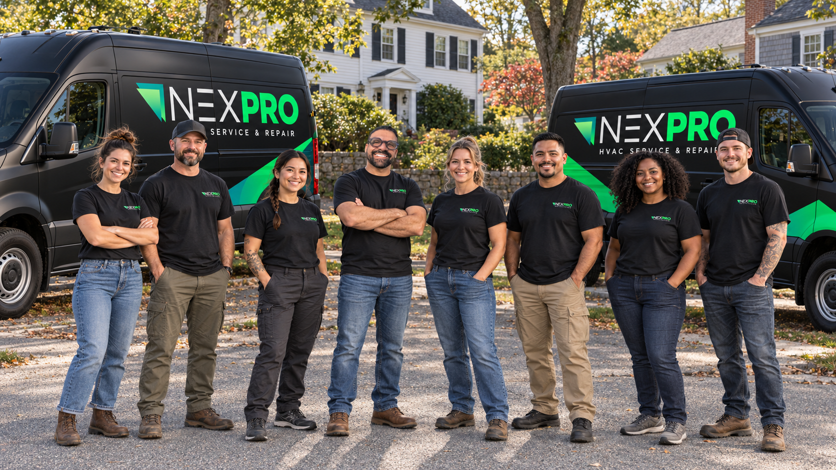 Equipe profissional NexPro HVAC & Plumbing com vans de serviço