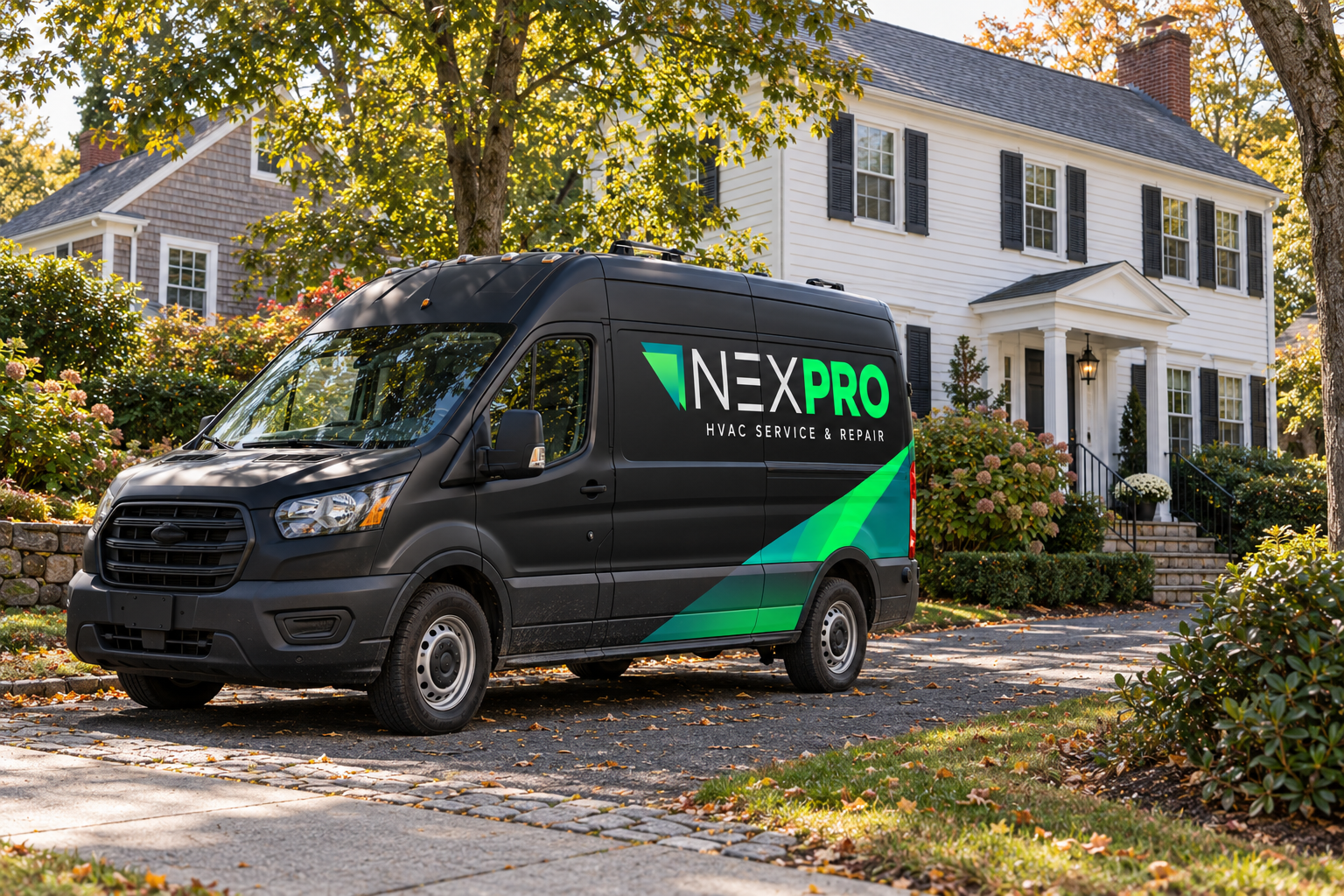 Van oficial NexPro HVAC Service & Repair atendendo residência em Newton Massachusetts