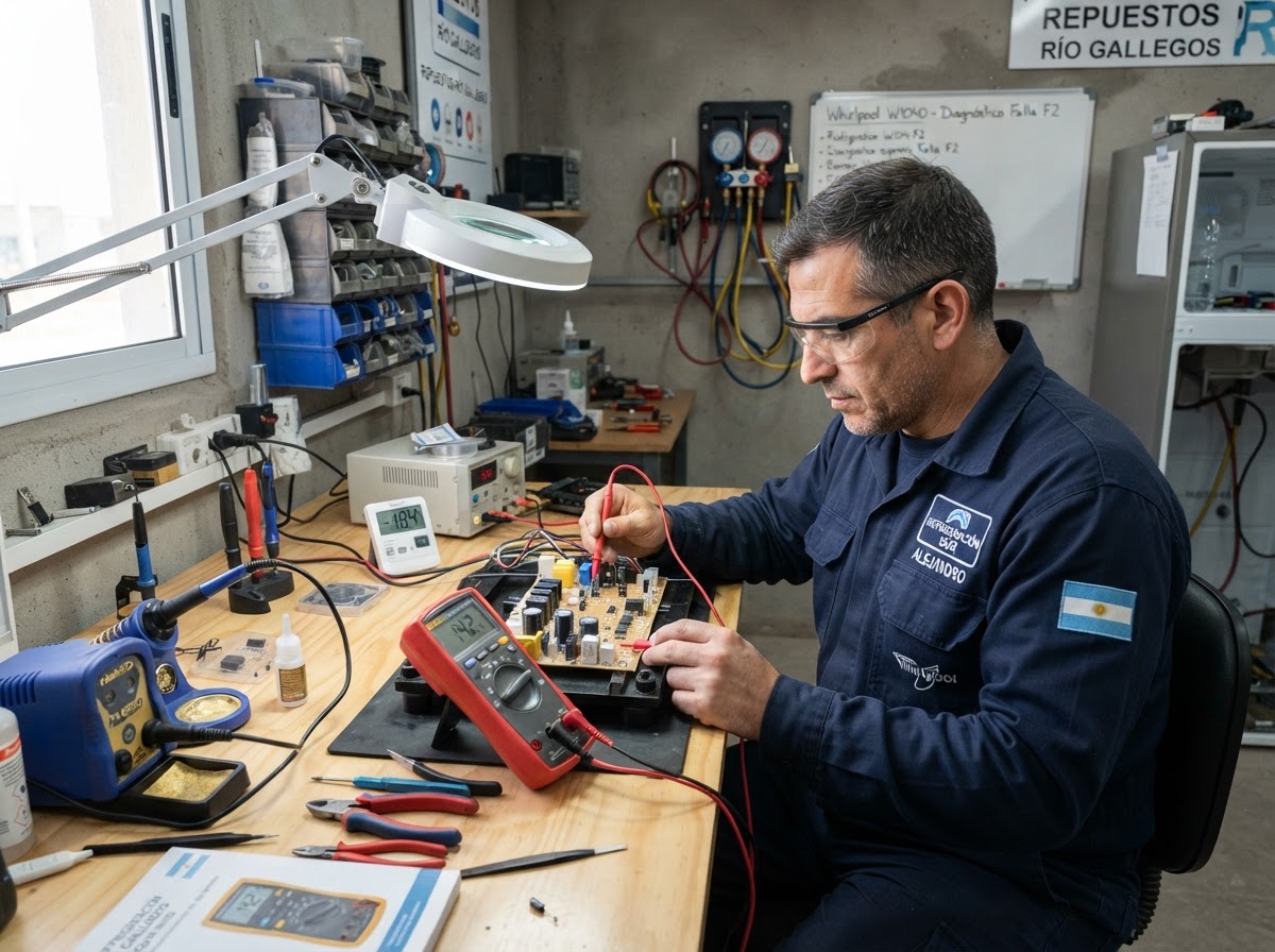 Técnico diagnosticando una placa electrónica de heladera con multímetro en el banco de trabajo