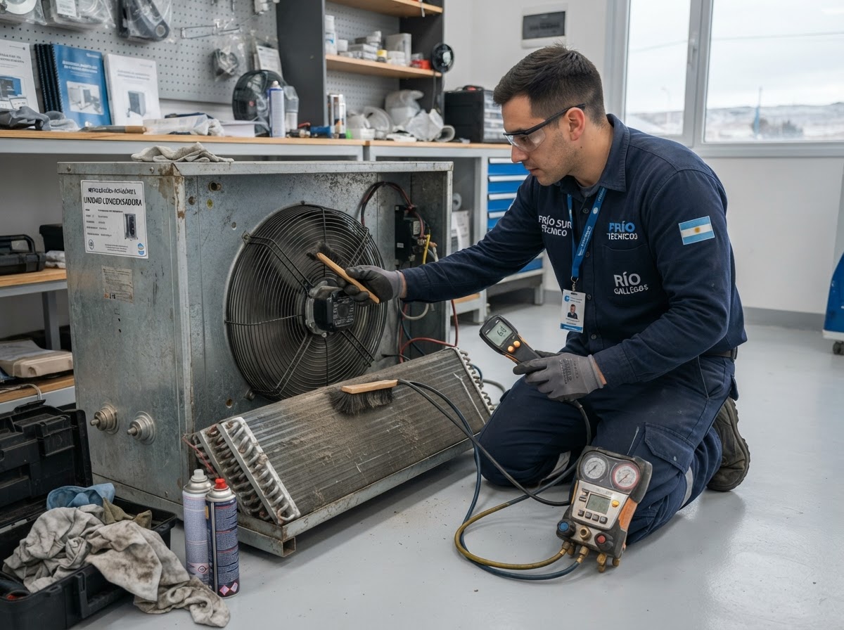Técnico realizando mantenimiento preventivo en el condensador y ventilador de un sistema de refrigeración