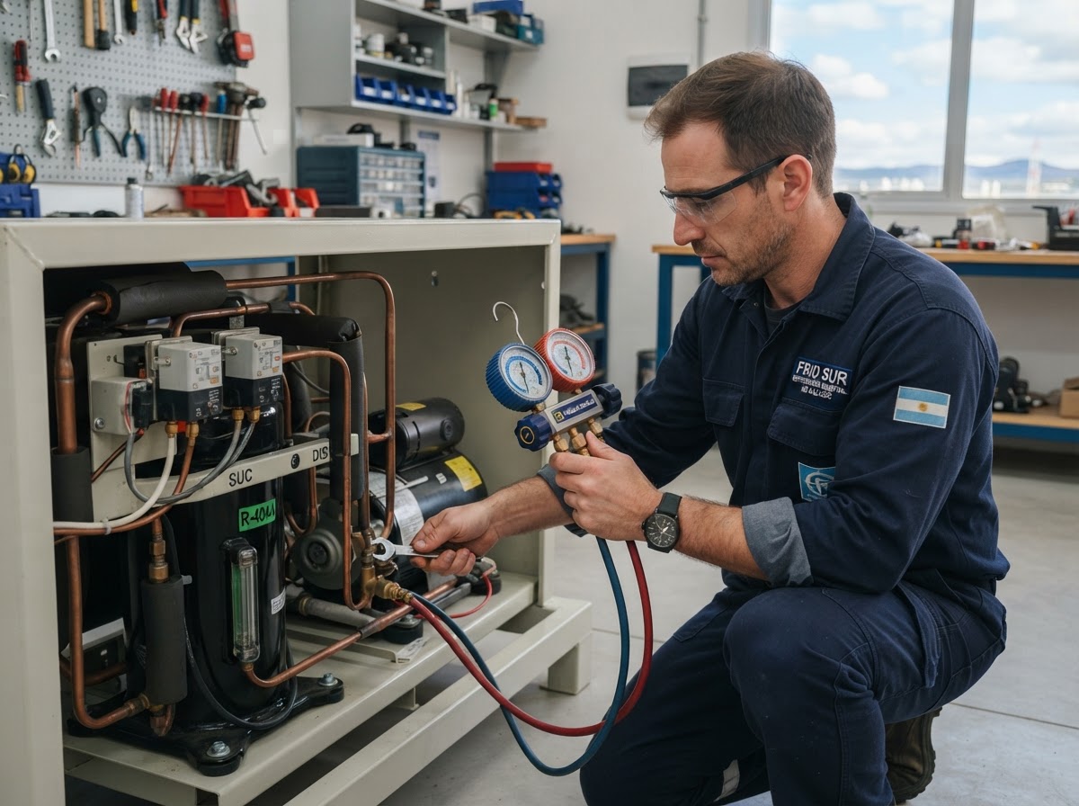 Técnico controlando las presiones del refrigerante con manómetros en un compresor de refrigeración