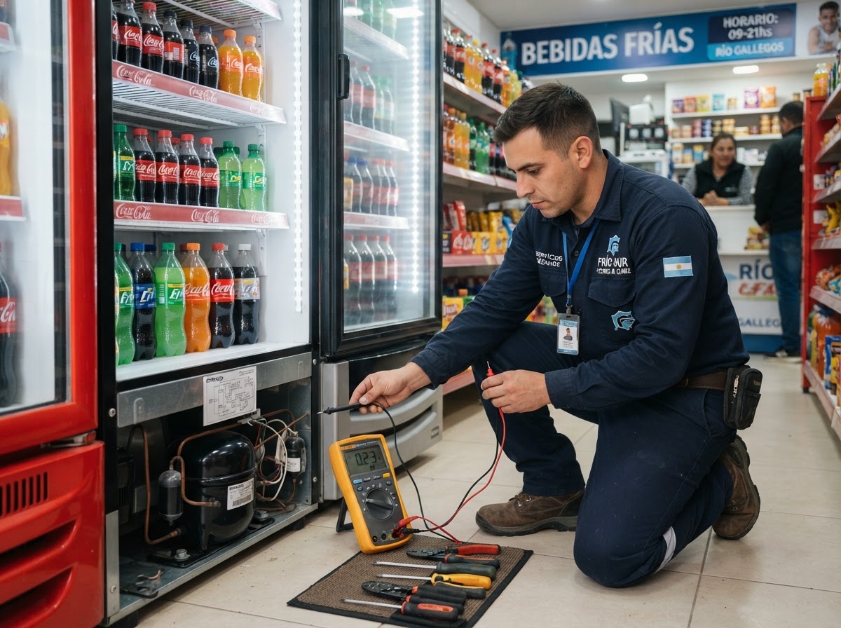 Técnico diagnosticando una exhibidora comercial de vidrio con multímetro en el compresor