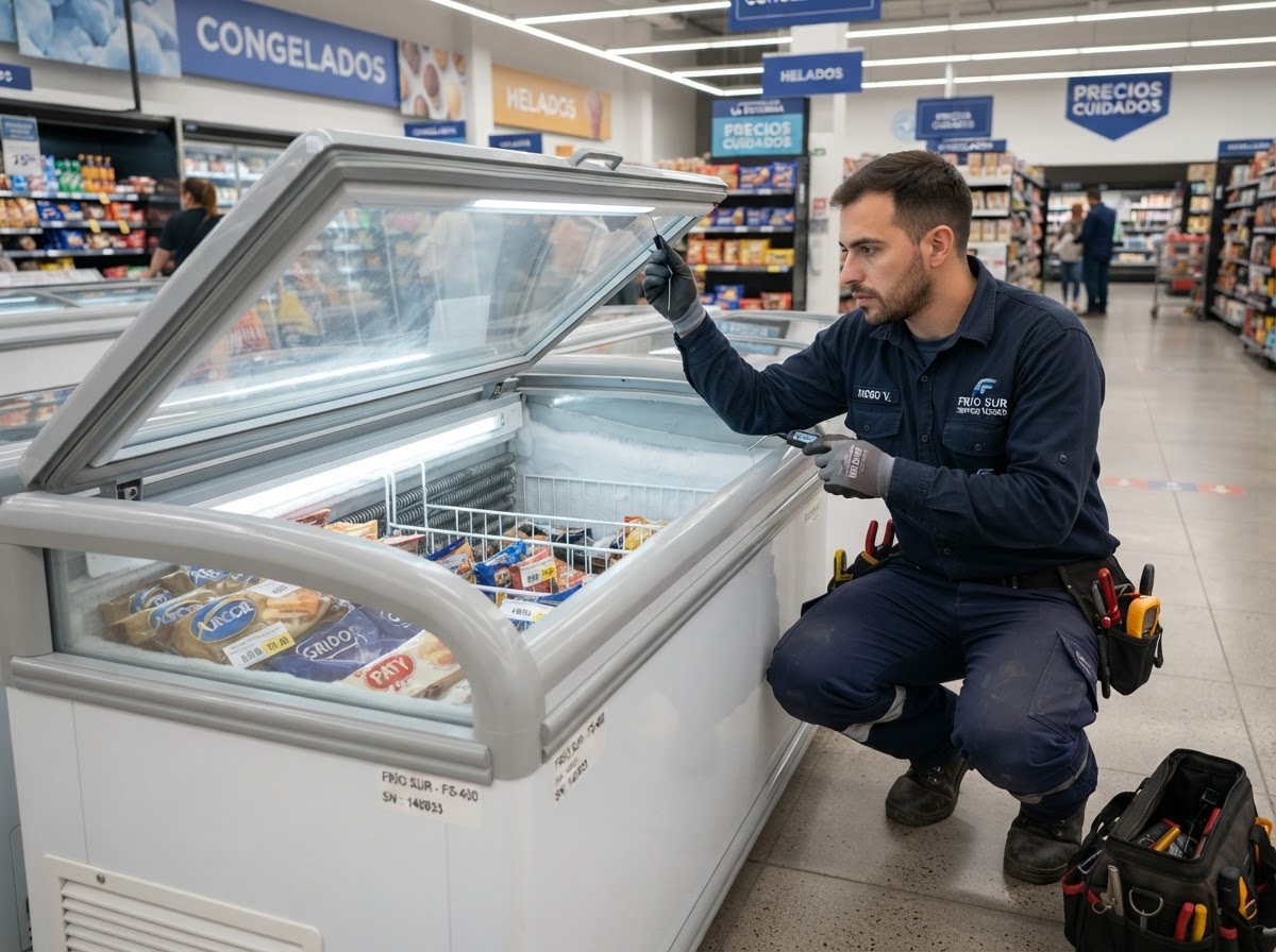 Técnico inspeccionando el sello y el evaporador de un freezer comercial en un local