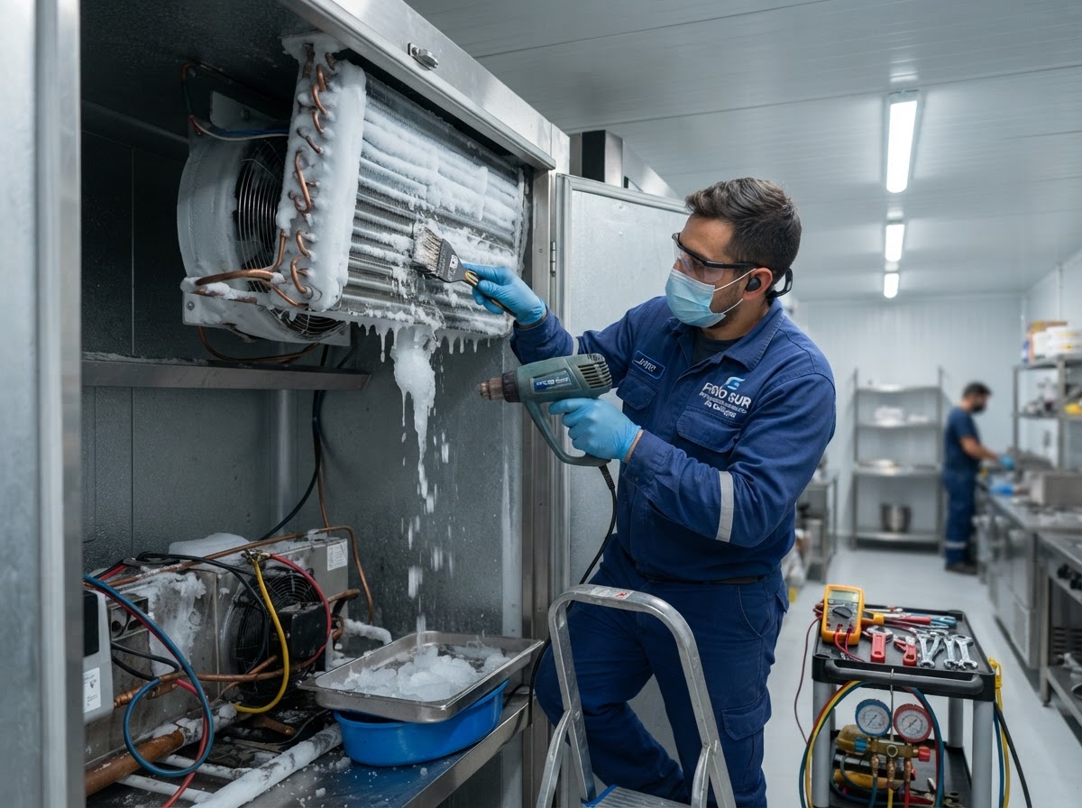 Técnico limpiando y descongelando la bobina evaporadora de un equipo comercial con hielo acumulado