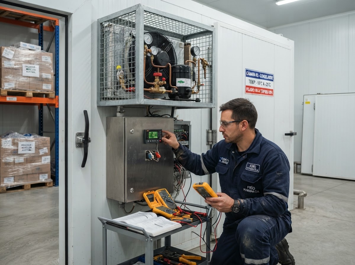 Técnico revisando el panel y la unidad condensadora de una cámara frigorífica