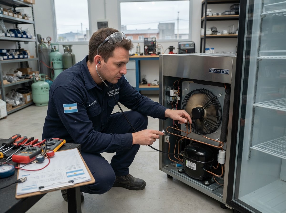 Técnico revisando el compresor y los ventiladores de una heladera que hace ruidos