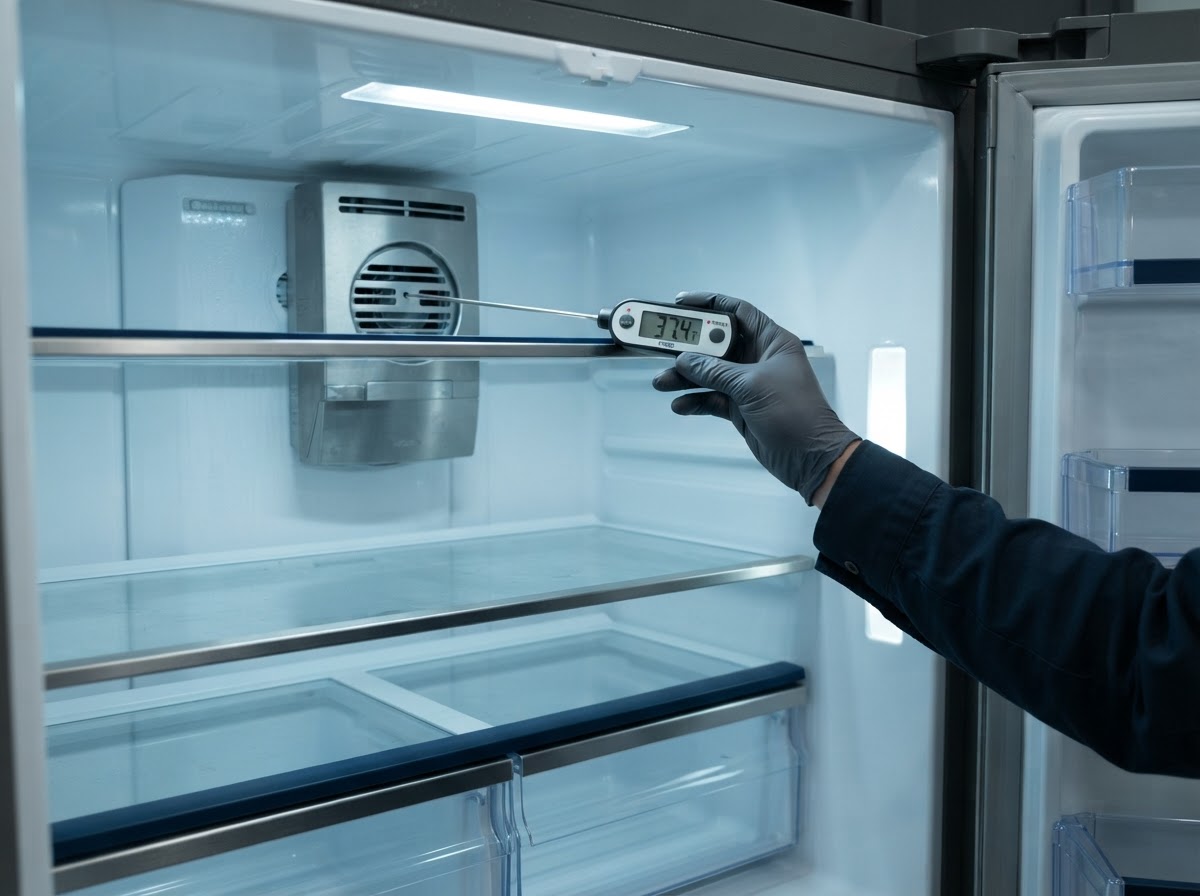 Técnico midiendo la temperatura del interior de una heladera con termómetro digital