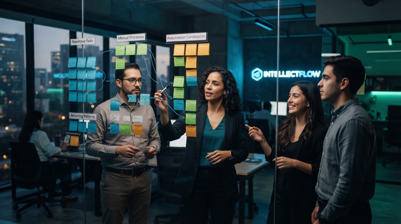 Equipo de oficina identificando tareas repetitivas en un tablero transparente con notas adhesivas