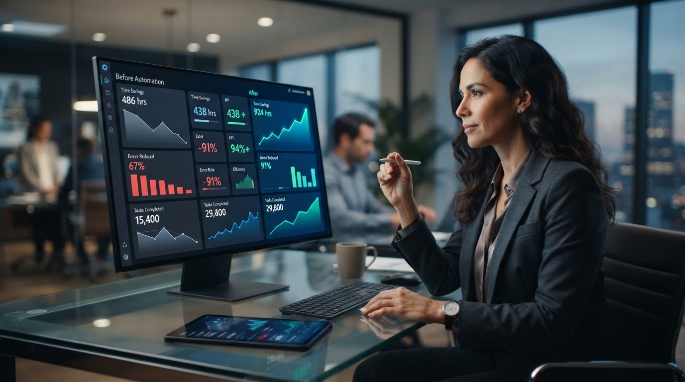 Dashboard empresarial midiendo resultados de automatización: tiempo recuperado, errores reducidos y tareas completadas