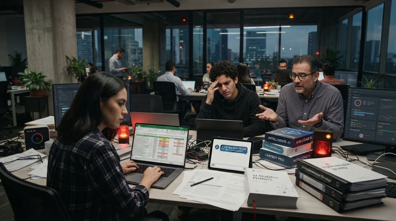 Herramientas de IA abandonadas, spreadsheets desconectados y equipo confundido en una oficina moderna