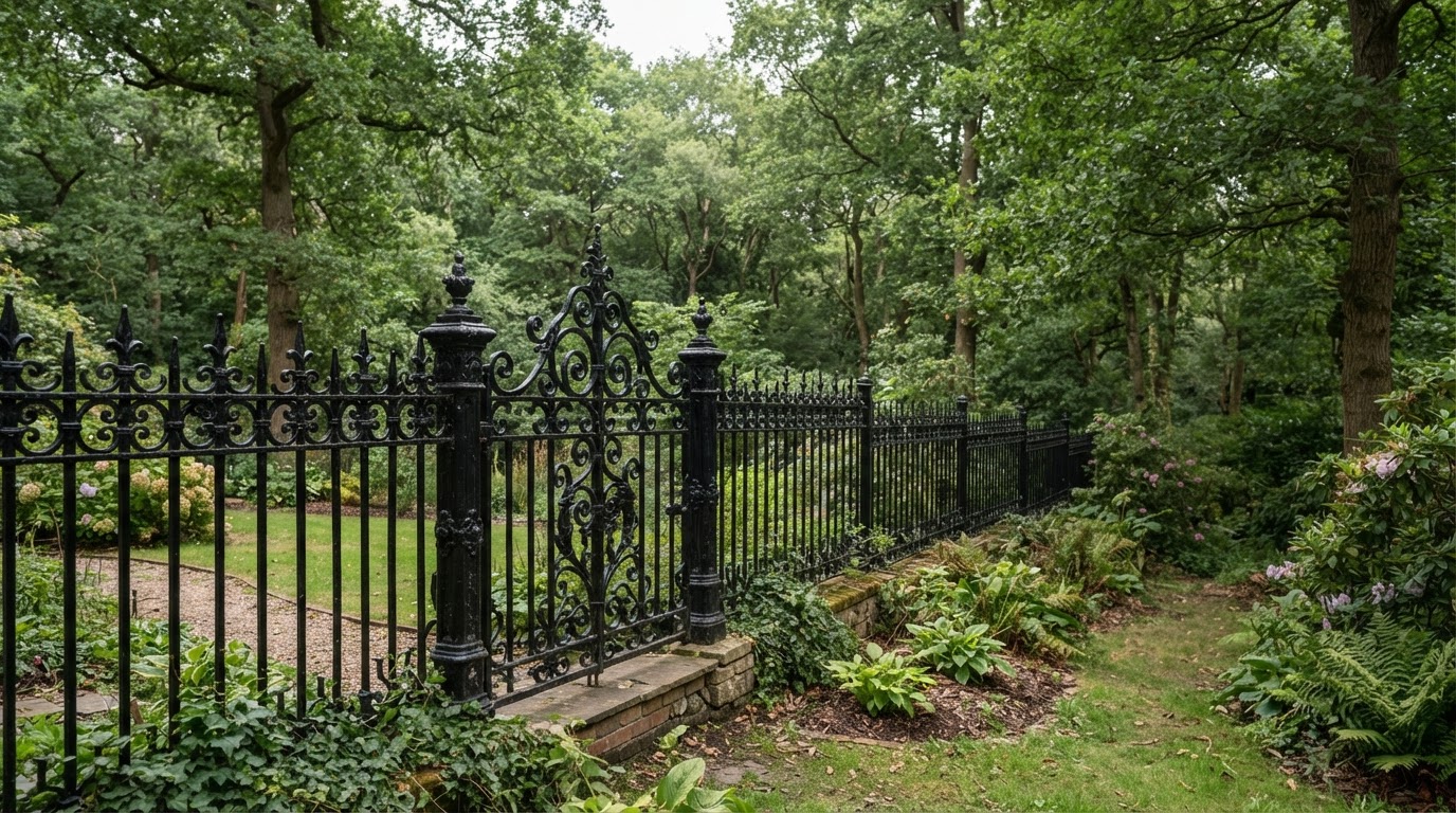 Black wrought iron fence with scrollwork in a wooded yard