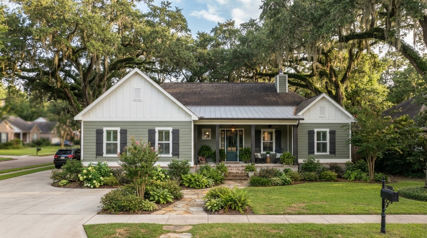 Suburban Louisiana ranch home with sage-green fiber cement lap siding, white board and batten gable accents, charcoal window shutters and a covered front porch