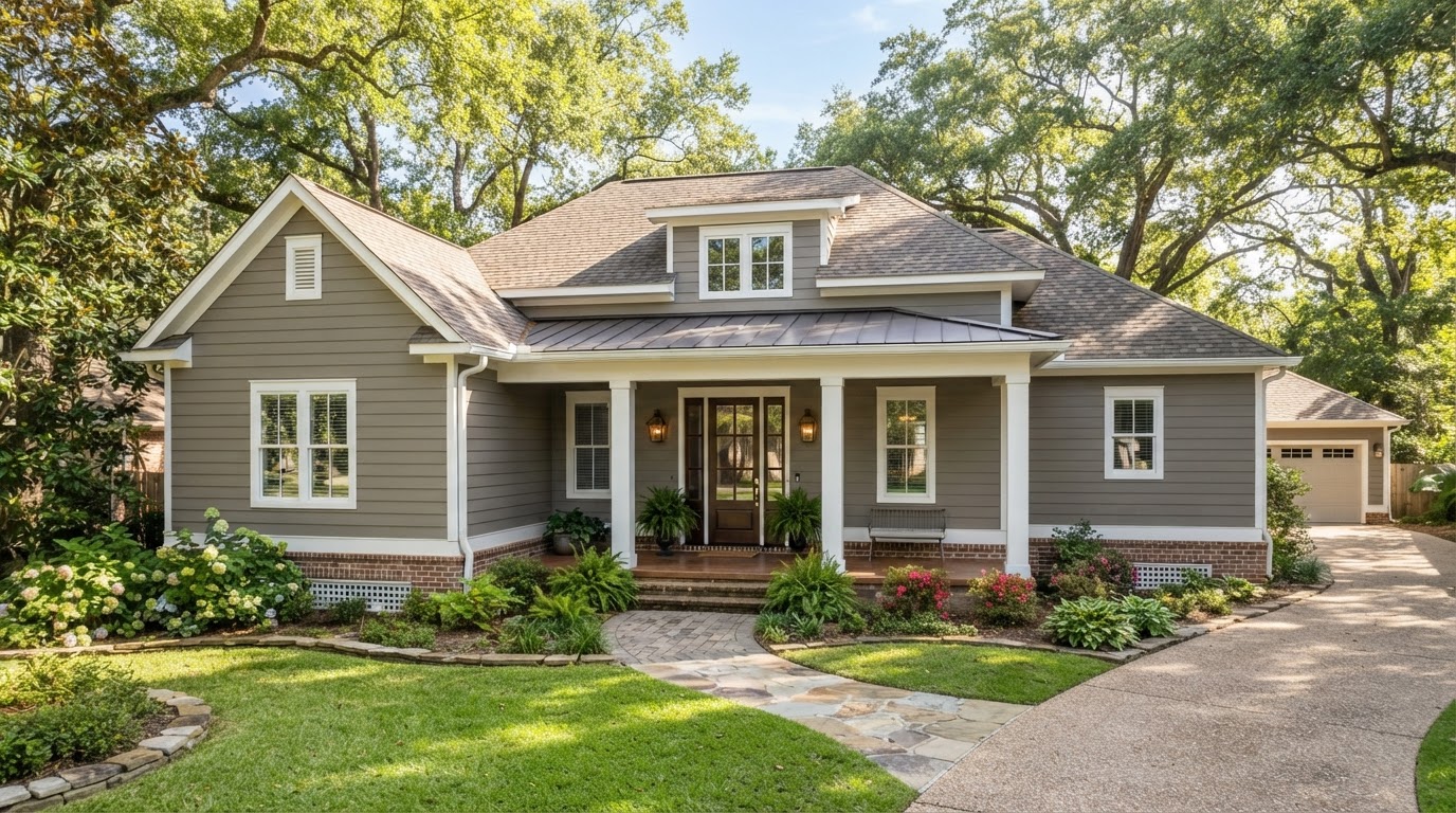 Louisiana home with freshly installed fiber cement lap siding, white corner boards and window trim
