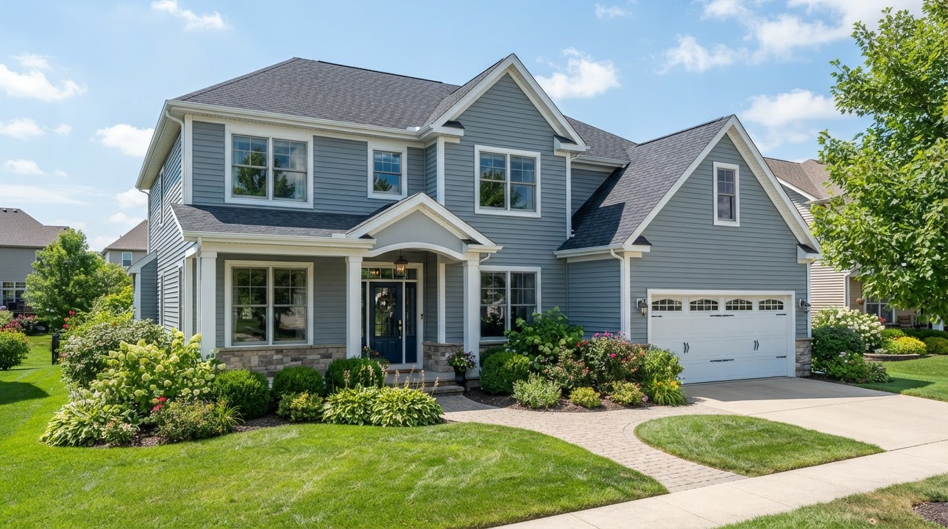 Residential home with modern vinyl siding replacement completed in deep navy blue with white trim