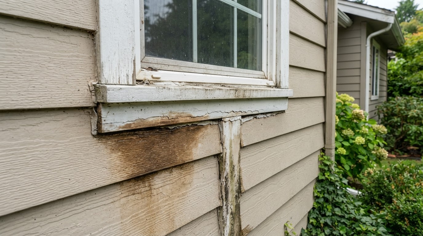 Residential exterior wall detail showing siding around a window with visible gaps and water staining at the trim interface, damp discolored area near the opening