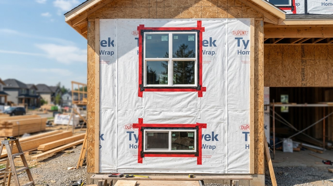 Residential exterior wall covered with white house wrap weather-resistive barrier before siding installation, flashing tape visible around window openings