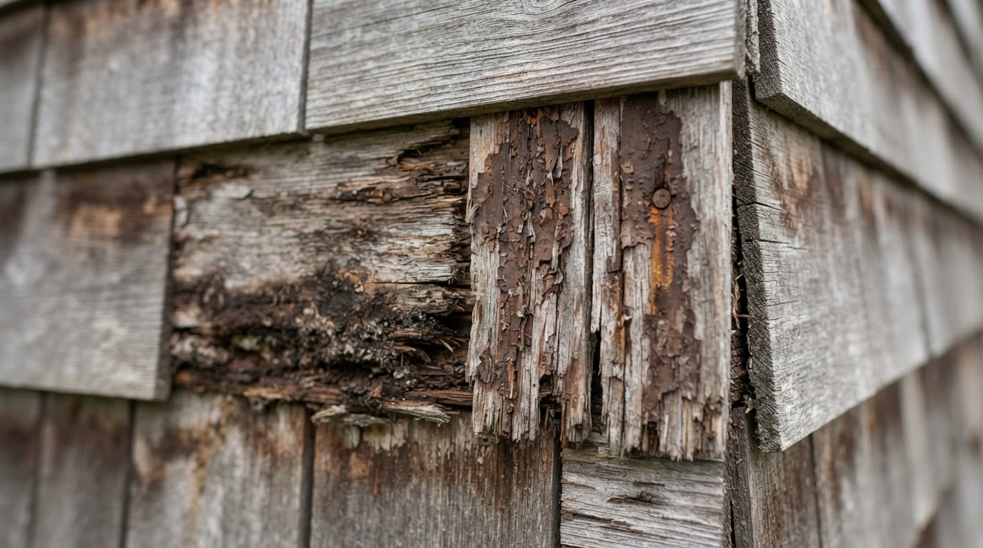 Close-up of damaged natural wood siding with splitting, peeling stain and localized rot on a few boards with surrounding boards intact