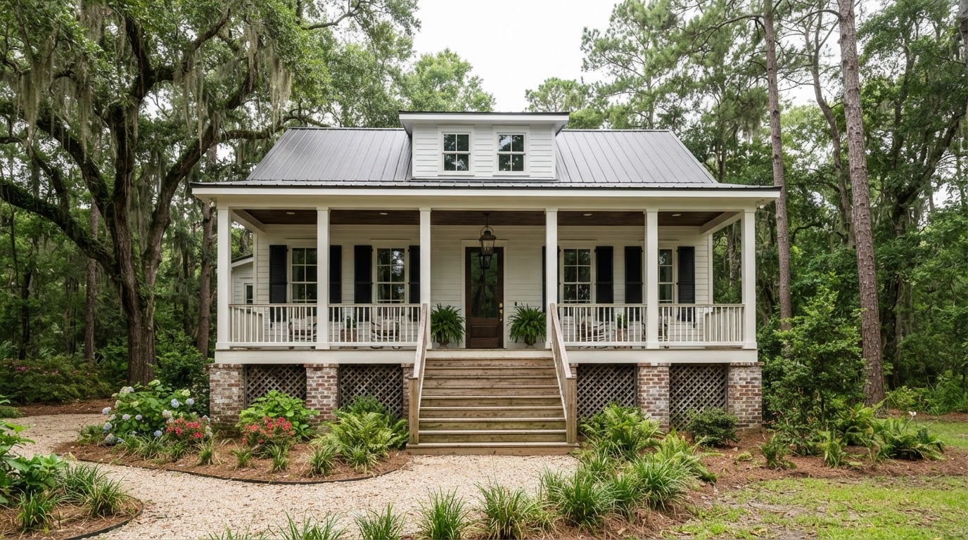 Traditional Louisiana raised cottage with white vinyl lap siding, black shutters, brick pier foundation and a deep front porch surrounded by oaks and pines