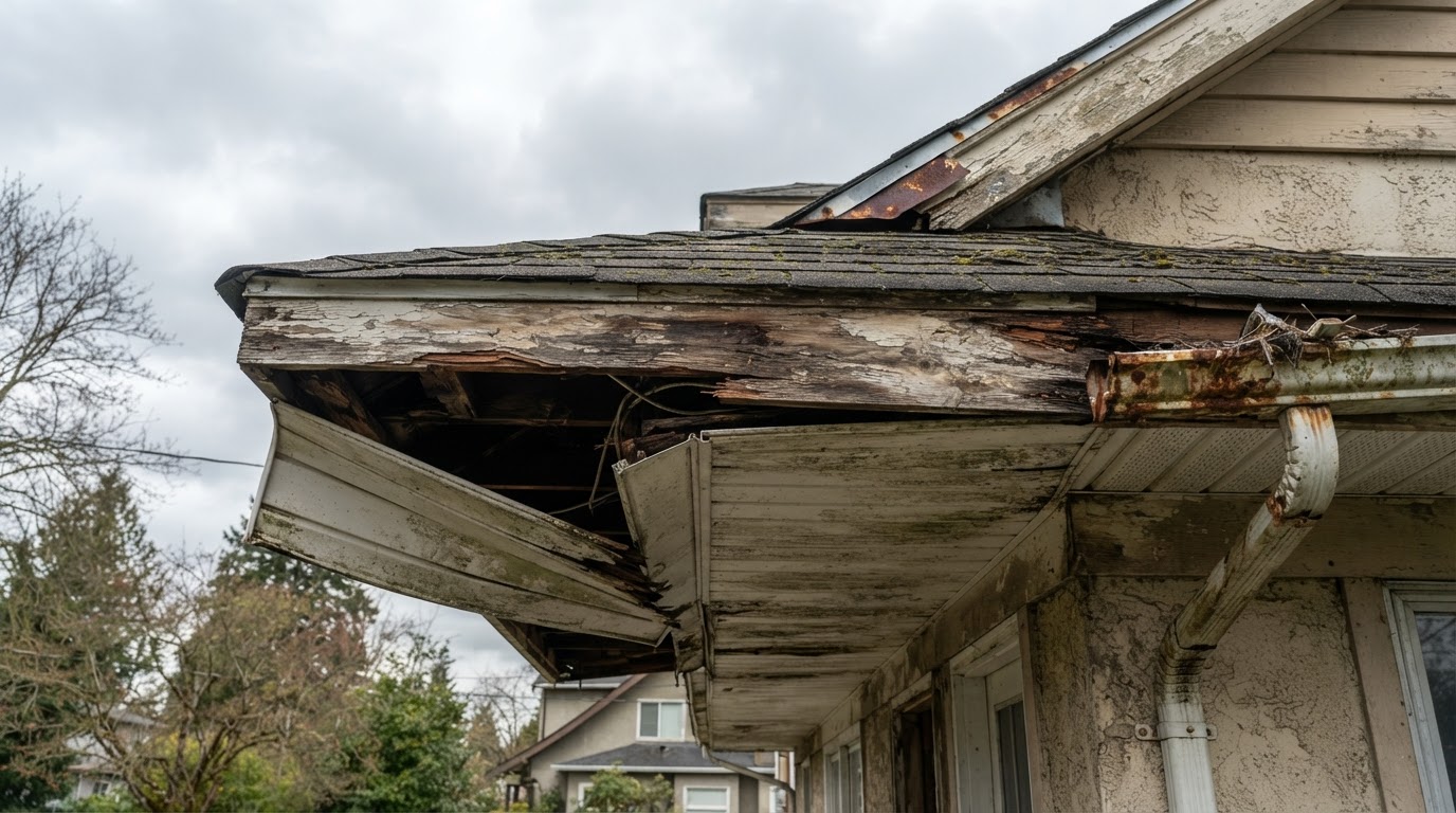 Damaged deteriorated residential soffit under a roof eave, loose and partially missing soffit panels with water staining