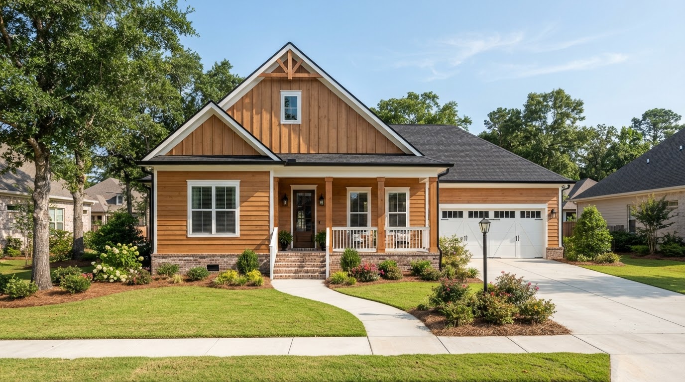 Suburban Louisiana ranch home with engineered wood lap siding in cedar-tone and board and batten vertical accents on the front gable, white exterior trim and a brick foundation