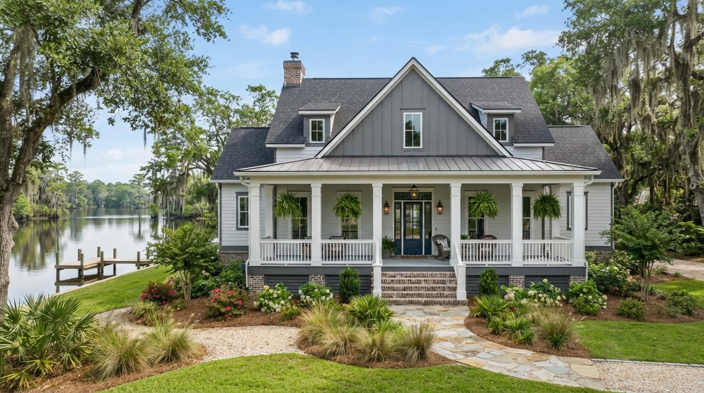 Elegant Southern Louisiana home near water with fiber cement siding in crisp light gray, board and batten accents on the gable, deep front porch with columns and neat landscaping