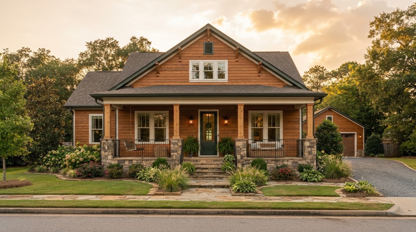 Craftsman-style Louisiana country house with warm cedar-tone engineered wood lap siding, natural wood porch columns, dark green front door and a gabled roof