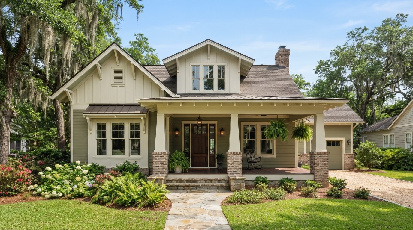 Elegant Southern Louisiana home with fiber cement siding and board and batten accents, craftsman style with deep roof overhangs