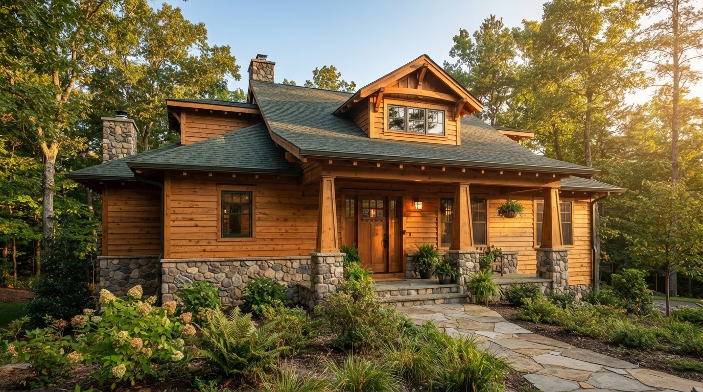 Craftsman-style home with natural wood siding in a warm honey stain finish and authentic cedar grain texture, horizontal bevel profile, surrounded by trees