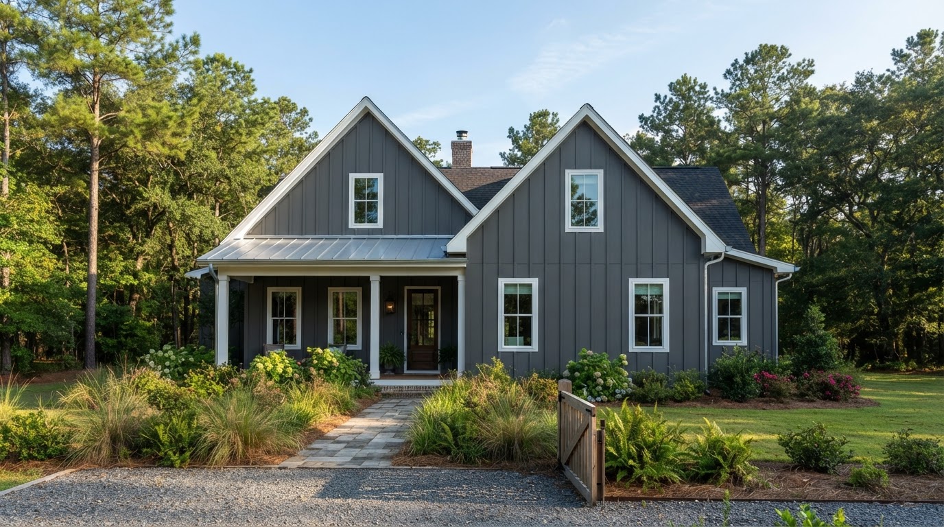 Modern farmhouse in rural Louisiana with charcoal-gray board and batten siding, white window trim, a standing-seam metal roof accent and a simple gabled form surrounded by pine trees
