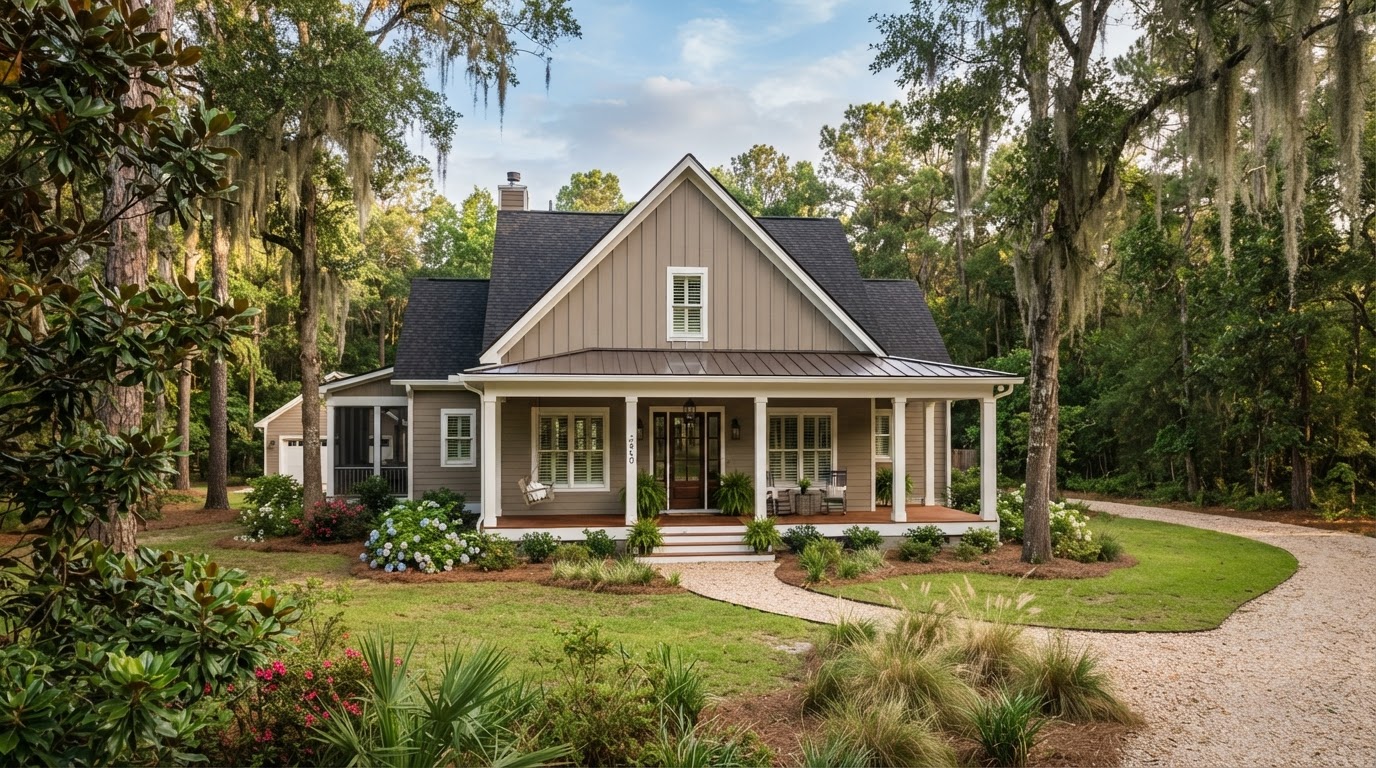 Rural Louisiana home with horizontal lap siding in warm taupe paired with board and batten vertical siding on the gable, dark roof and white exterior trim surrounded by trees