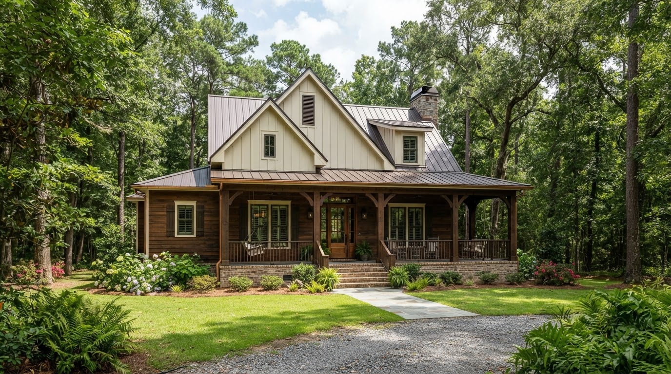 Rural Louisiana residential home with engineered wood siding in a cedar-grain texture and board and batten accents on the gable, surrounded by trees