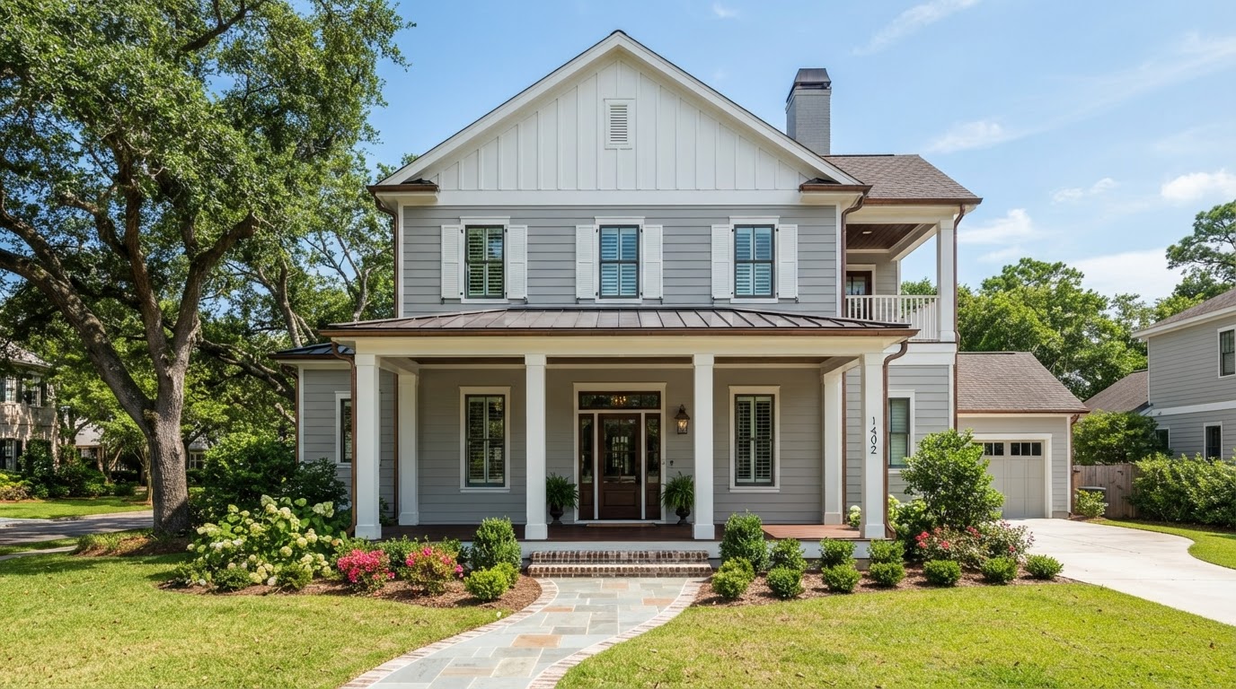 Two-story traditional Louisiana home with soft gray fiber cement lap siding, board and batten vertical accents on the front gable, white exterior trim and a covered front porch