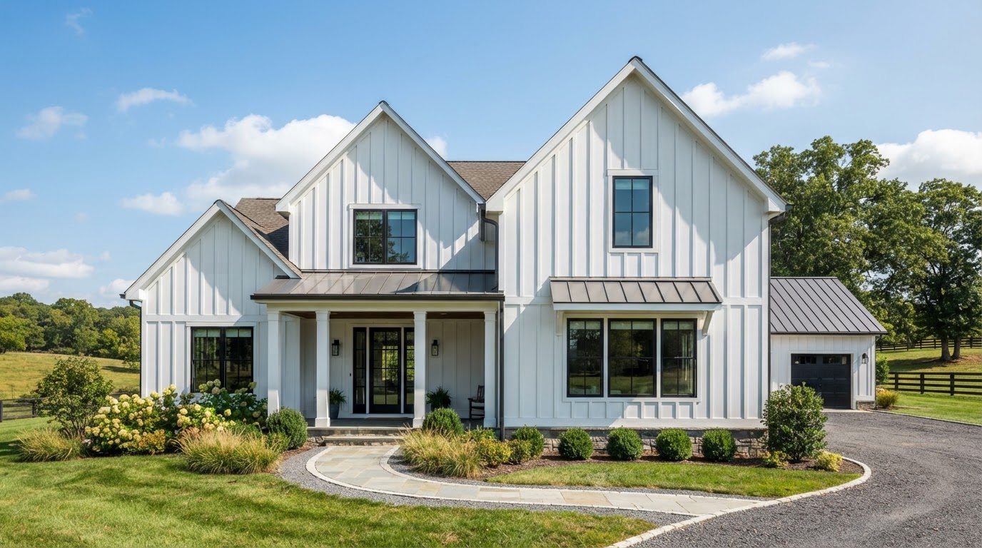 Modern farmhouse exterior with vertical board and batten siding in a crisp white finish, wide boards with narrow battens, black window frames