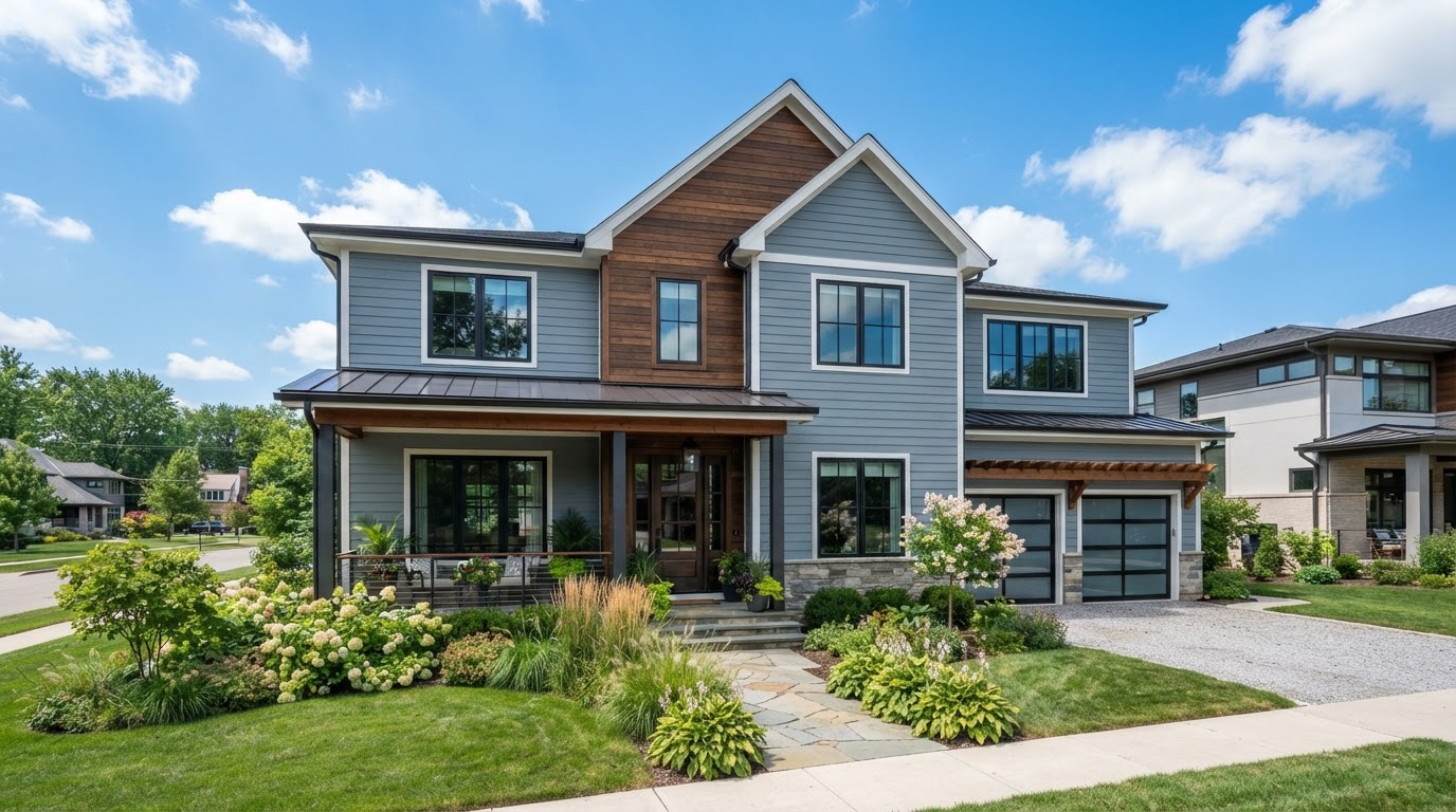 Attractive residential home exterior with thick-profile insulated lap siding in a soft blue-gray color, clean horizontal lines, modern suburban architecture