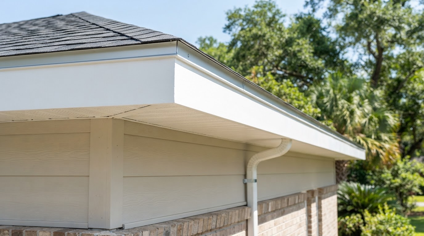 Clean residential fascia board along a roof edge, white painted fascia creating a finished vertical transition with soffit below and siding above