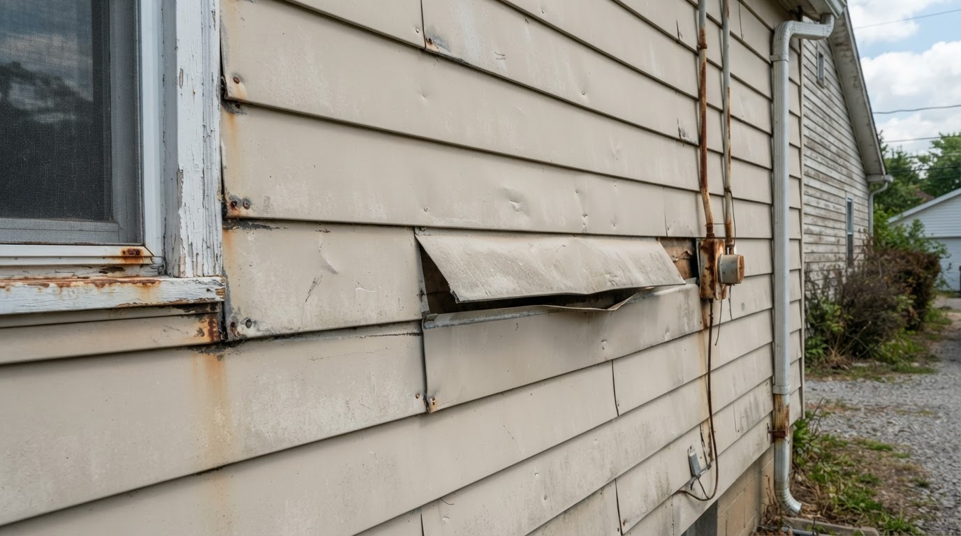 Older aluminum siding on a residential exterior wall with visible dents, faded chalky finish and loose panels with corrosion at the edges