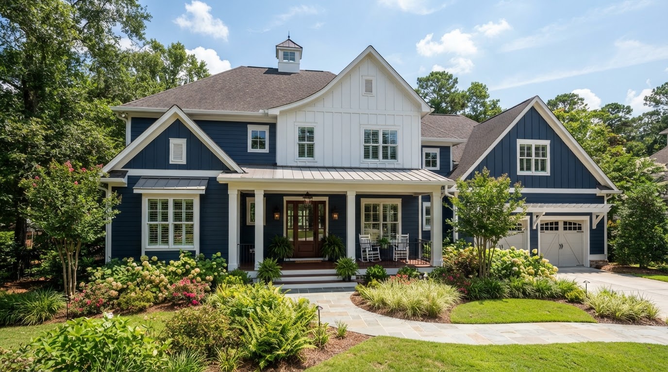 Polished Louisiana home with fiber cement siding in deep navy-blue, white exterior trim and board and batten vertical accents, a covered front porch and a landscaped yard